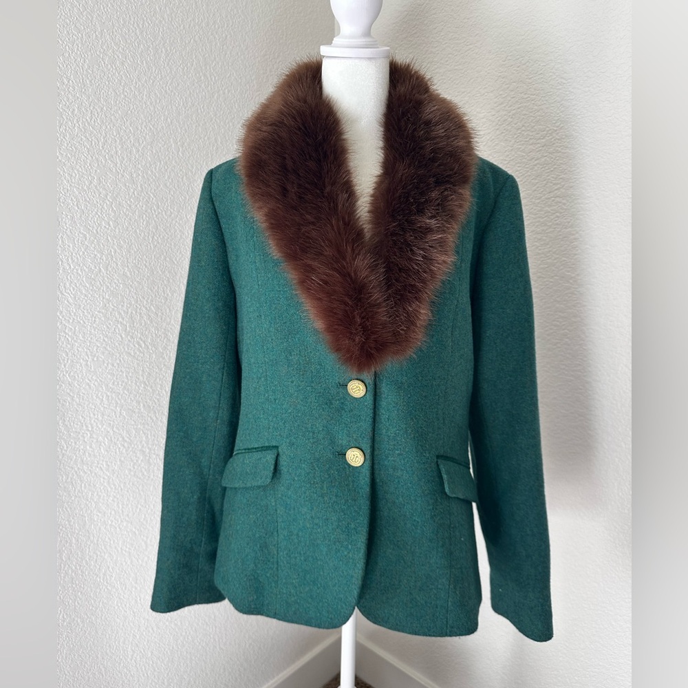 Talbots Emerald Wool Blend Blazer with Removable Brown Faux Fur Collar